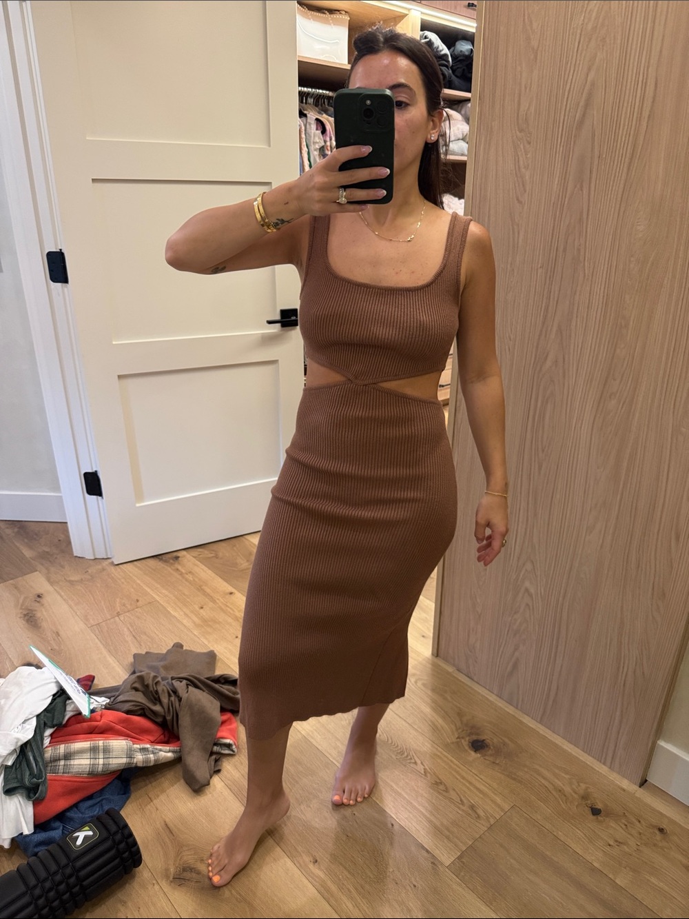 Source Unknown Brown Ribbed Cutout Midi Dress